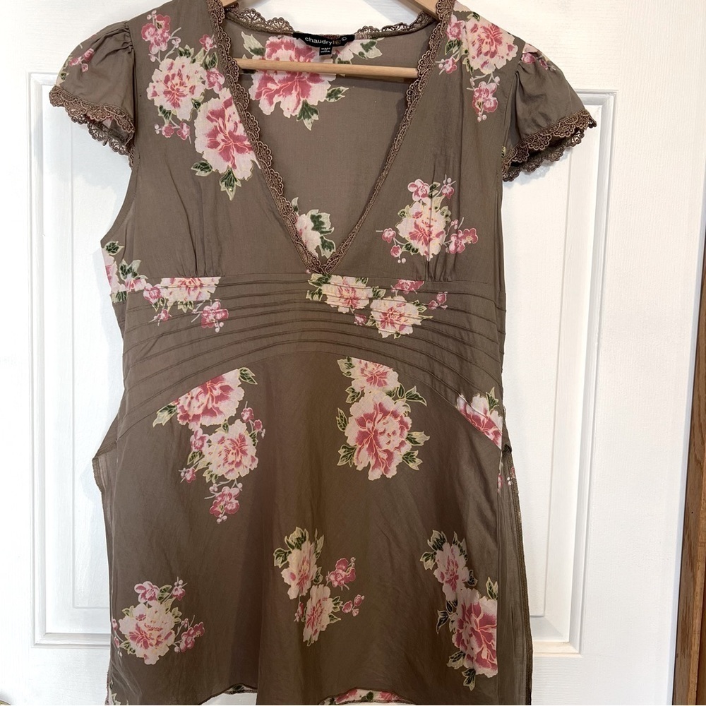Chaudry Kc Boho Green V-Neck Floral Blouse With Tie, Size Large, #73